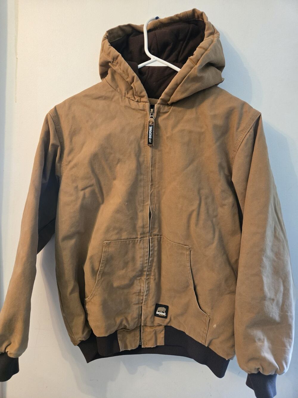 Berne Workwear Tan Lined Hooded Winter Jacket Canvas Duck Size Youth XL